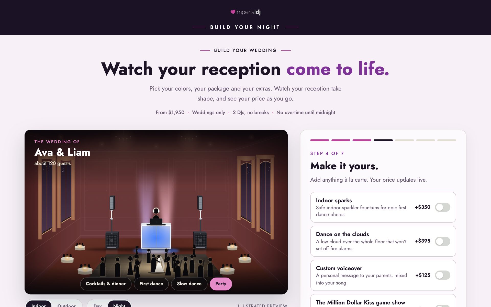The Build Your Night builder showing a lit reception room and a live price